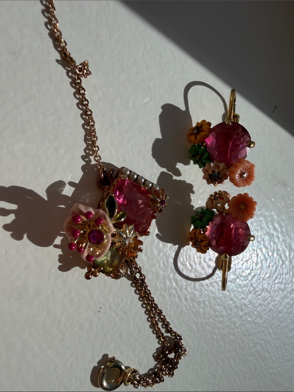 Gold-Tone Pink Crystal Floral Bracelet and Earrings Set